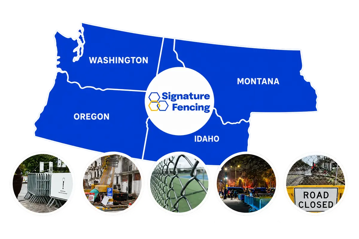 Illustrated Signature Fencing service-area map of Washington, Oregon, Idaho, and Montana.